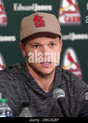 New St. Louis Cardinals right handed pitcher Sonny Gray, answers a reporters question during Day 1 of the St. Louis Cardinals Winter Warm Up at Busch Stadium in St. Louis on Saturday, January 13, 2024. Gray, last year's American League Cy Young runner-up and three-time All-Star, finalized a three-year, $75 million deal in November. Photo by Bill Greenblatt/UPI Credit: UPI/Alamy Live News Stock Photo