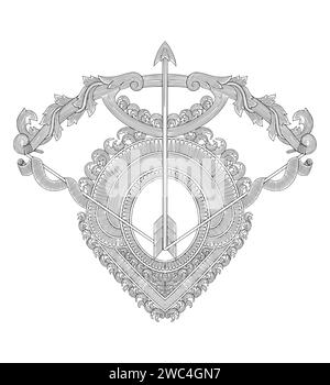 Bow, arrow, wirh floral ornament frame, vintage engraving drawing style illustration Stock Vector