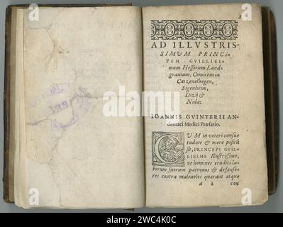 Antique medical page, knowledge and library stamp for authorized research on medicine study, introduction or pathology. Latin language, info and Stock Photo