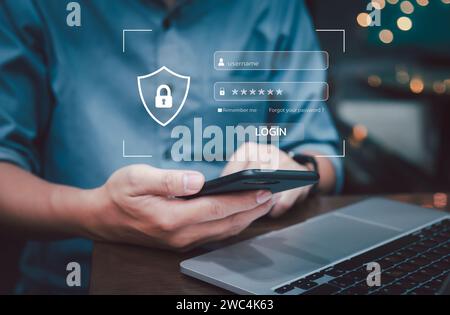 Digital cybersecurity information and password protection login access to online web data systems hackers access firewall crime computer network Stock Photo