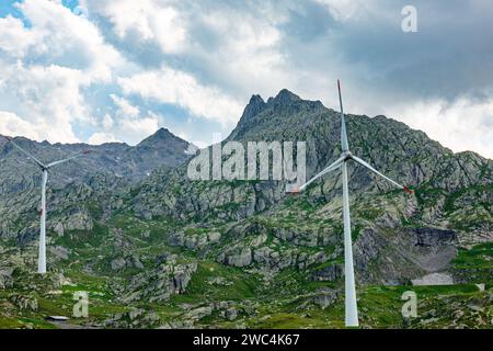 Wind turbines near Airolo, Ticino in the Swiss Alps. Stock Photo