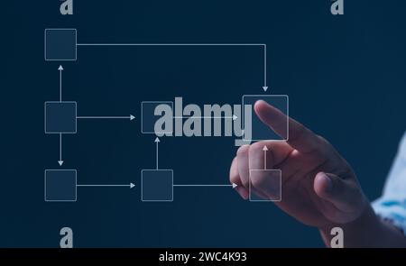 Businessman Analyzing Workflow Virtual Mind Map on Screen Process Automation and Management Stock Photo