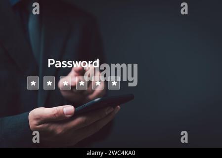 Businessman using mobile phone password cyber security identity theft and cloud network system application information privacy internet online protect Stock Photo