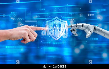 Futuristic Collaboration Human and Robot Hands Touching AI artificial intelligence Technological machine Innovation global network data Stock Photo