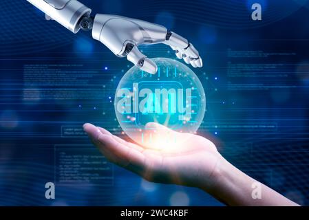 Futuristic Collaboration Human and Robot Hands Touching AI artificial intelligence Technological machine Innovation global network data Stock Photo