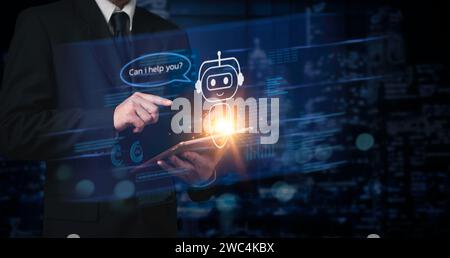Innovative Futuristic AI Digital Chatbot Concept Virtual Conversation Assistant Using Internet Bot Application Technology Customer Support with Person Stock Photo