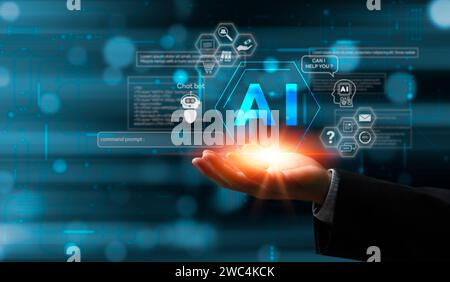 Innovative Futuristic AI Digital Chatbot Concept Virtual Conversation Assistant Using Internet Bot Application Technology Customer Support with Person Stock Photo