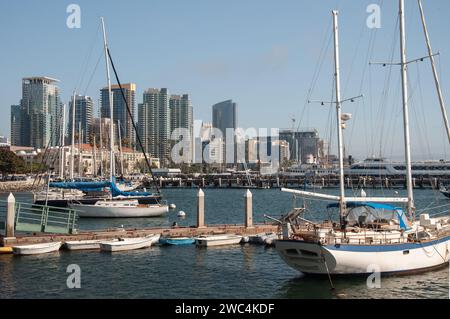 San Diego, California, USA – August 14, 2023. Boats in marina and downtown city skyline, San Diego cityscape Stock Photo