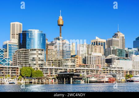 King Street Wharf and the CBD skyline along the eastern side of Darling Harbour, Sydney, NSW, Australia Stock Photo