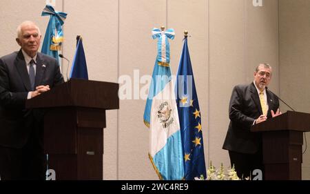 Guatemala Stadt, Guatemala. 13th Jan, 2024. Bernardo Arévalo (r), Guatemalan president-elect, speaks alongside Josep Borrell, European Union foreign policy chief, at a joint press conference on the eve of Arévalo's inauguration in Guatemala City. Credit: Sandra Sebastian/dpa/Alamy Live News Stock Photo