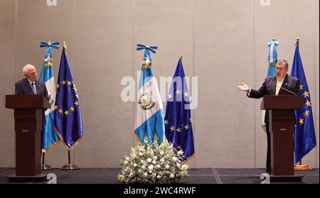 Guatemala Stadt, Guatemala. 13th Jan, 2024. Bernardo Arévalo (r), Guatemalan president-elect, speaks alongside Josep Borrell, European Union foreign policy chief, at a joint press conference on the eve of Arévalo's inauguration in Guatemala City. Credit: Sandra Sebastian/dpa/Alamy Live News Stock Photo