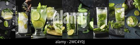 Collage of glasses with refreshing mojito on dark background Stock Photo