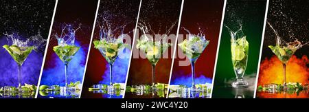 Collage of glasses with splashing mojito on dark color background Stock Photo