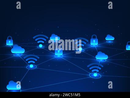 Technology background, connected geometric lines With WiFi icon and lock It represents the transmission of high-tech digital data in a secure network. Stock Vector