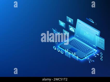 Computer technology background, Laptop login screen with data and software download status elements that shows work, Isometric image, Blue background, Stock Vector