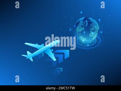 Transport and logistics business technology, airplane above arrow Pointing to the globe, concept of cargo aviation Using technology to help manage the Stock Vector
