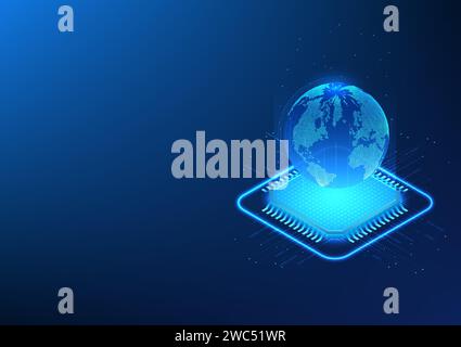 Microchip technology background with data transmission lines Above is the world, concept of development of artificial intelligence or AI around the wo Stock Vector