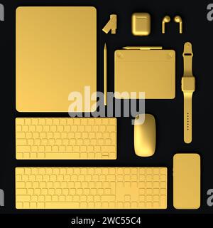 Top view of computer tablet with keyboard, mouse and phone isolated on black background. 3D rendering concept of creative designer equipment and compa Stock Photo