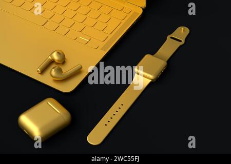 Realistic aluminum laptop with smart watch, headphones and phone isolated on black background. 3D rendering concept of creative designer equipment and Stock Photo