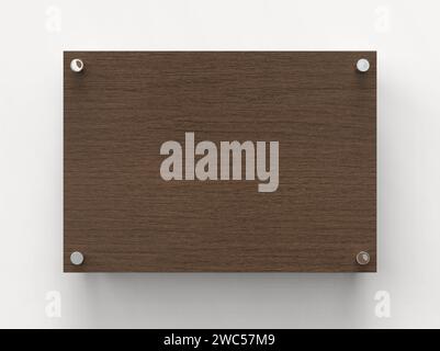 A4 dark wood nameplate plate. Plate on spacer metal holders. Board for branding. Wooden advertising signboard on gray background. Size 297 x 210 mm. 3 Stock Photo