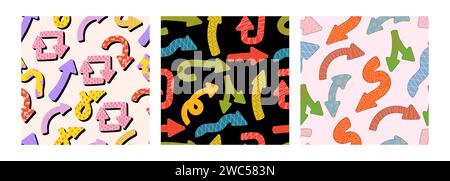 Colorful playful arrows seamless pattern in trendy style with vector texture. Dynamic arrow signs for design Stock Vector
