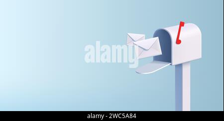 Vintage mailboxes with flying in envelopes, post delivery composition, 3d render cartoon style illustration Stock Vector