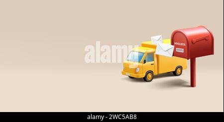 Vintage red mailboxes with envelopes, post delivery yellow truck vehicle, 3d render cartoon style composition Stock Vector