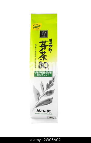 Japanese powder green tea package isolated on white background, closeup matcha packaging Stock Photo