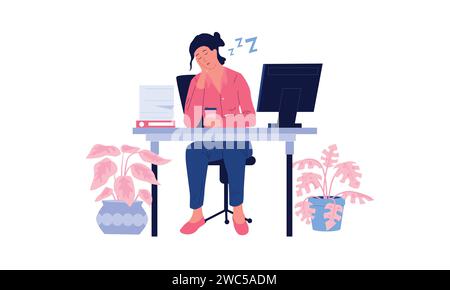 Exhausted female employee sit at office desk work on computer feel ...