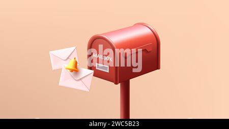 Vintage red mailboxes with envelopes and bell notification icon, post delivery composition, 3d render cartoon style illustration Stock Vector