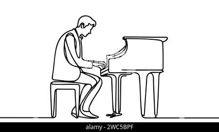 one continuous line drawing of a pianist playing a classic grand piano ...