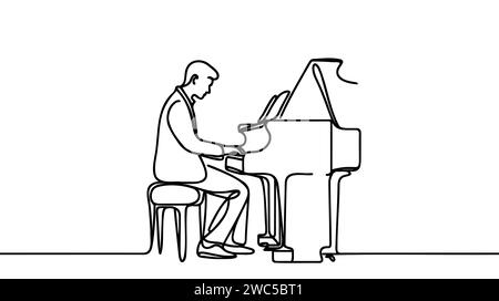 one continuous line drawing of a pianist playing a classic grand piano ...
