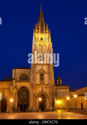 The San Salvador Cathedral and La Regenta statue, Oviedo, Spain Stock Photo