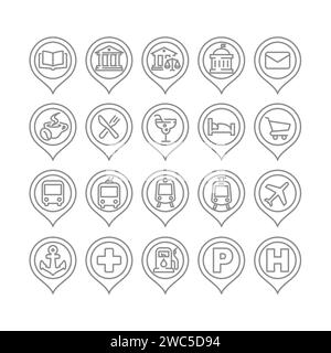 Location map pin with cafe, restaurant and hotel line icons. Bank, gas station and bus station vector set. Editable stroke icon set Stock Vector