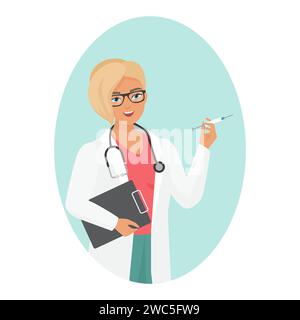 Doctor woman with glasses portrait. Hospital clinical worker in white coat cartoon vector illustration Stock Vector