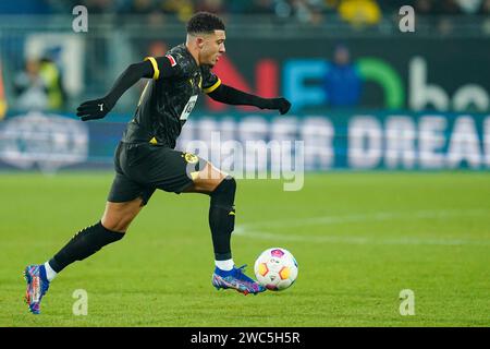 Darmstadt, Germany. 13th Jan, 2024. English attacker Jadon Sancho made his debut for Borussia Dortmund in their Bundesliga matchday 17 fixture away to Darmstadt and was an active contributor in his side's 3-0 win, providing an assist for teammate Marco Rose. Credit: Uwe Anspach/dpa - IMPORTANT NOTICE: The DFL/DFB rules prohibit any use of photographs in the form of image sequences and/or quasi video/dpa/Alamy Live News Stock Photo