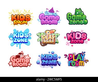 Kids zone badges. Kid play room sign sticker pack, childish fun party ...