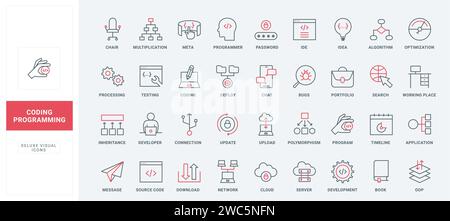 Program code development line icons set. Workflow and tools of programmer, algorithm and bug search, application optimization and management thin black and red outline symbols, vector illustration Stock Vector