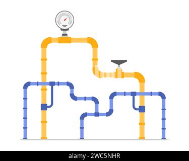 Oil and gas industry pipeline system with pressure control and measurement device, leak inspection. Yellow and blue steel pipes with valve, petrochemical plant equipment cartoon vector illustration Stock Vector