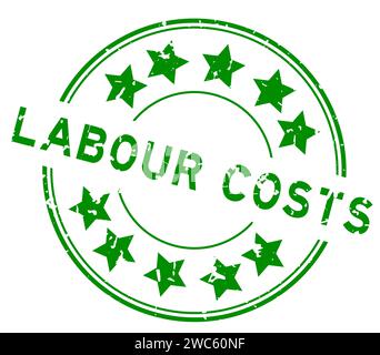 Grunge green labour costs word with star icon round rubber seal stamp on white background Stock Vector