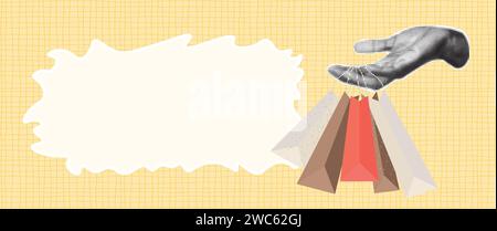 Trendy halftone collage banner with hand holding paper bags. Elements cut out from a magazine. Retro modern design for social media, flyer, banner, po Stock Vector
