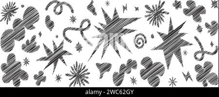 Abstract shapes set with trendy scribble texture. Contemporary aesthetic element for logo, decoration, sticker. Vector illustration Stock Vector