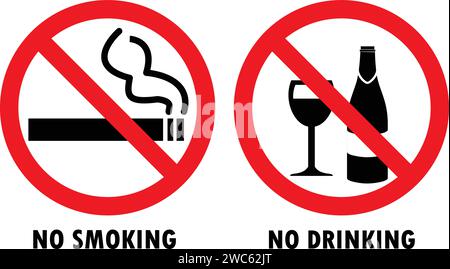 No Smoking sign, No Drinking sign, Caution Sign, Prohibited Sign, Forbid Stock Vector