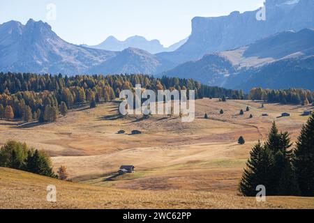 Small cottage in vast and beautiful autumn landscape with mountains and woods, Dolomites, Italy Stock Photo