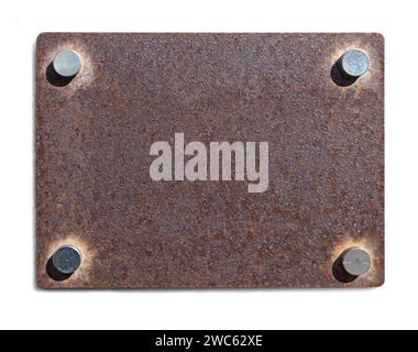 Metal plate with rivets on white background, steel plaque  with clipping path Stock Photo