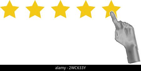 Halftone hand pointing, finger push to five star rating. Feedback, reputation and quality concept. Vector illustration Stock Vector