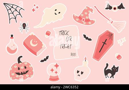 Halloween stickers set on pink background. Cute decor of magical elements in a simple naive style.Vector illustration Stock Vector