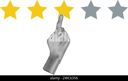 Halftone hand pointing, finger push to three star rating. Feedback, reputation and quality concept. Vector illustration Stock Vector