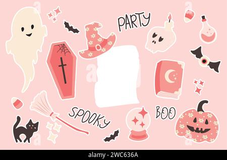 Halloween stickers set on pink background. Cute decor of magical elements in a simple naive style.Vector illustration Stock Vector