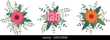 Set of flowers arrangement isolated on background. Flat illustration. Perfect for cards, invitations, decorations, logo, various designs. Vector illus Stock Vector